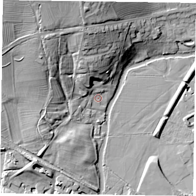 Shaded relief map of the ground around LE130RN, computed from Environment Agency LiDAR. The ground here sits at about 71 m above sea level and falls 26 m across the surrounding 800 m. Surface water reaching this point runs off ground lying to the north-north-west, 13.2 m higher.