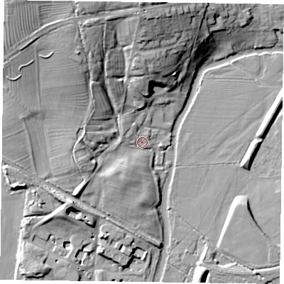 Shaded relief map of the ground around LE130RP, computed from Environment Agency LiDAR. The ground here sits at about 71 m above sea level and falls 24 m across the surrounding 800 m. Surface water reaching this point runs off ground lying to the west, 8.2 m higher.