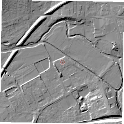 Shaded relief map of the ground around LE130RW, computed from Environment Agency LiDAR. The ground here sits at about 71 m above sea level and falls 17 m across the surrounding 800 m. The ground contributing surface water to this point lies to the east-north-east.