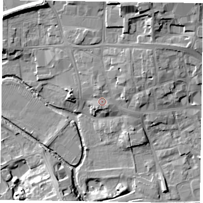 Shaded relief map of the ground around LE130TR, computed from Environment Agency LiDAR. The ground here sits at about 75 m above sea level and falls 16 m across the surrounding 800 m. Surface water reaching this point runs off ground lying to the north, 2.3 m higher.