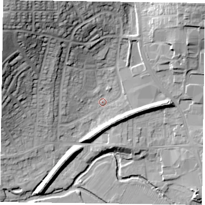 Shaded relief map of the ground around LE130UF, computed from Environment Agency LiDAR. The ground here sits at about 75 m above sea level and falls 37 m across the surrounding 800 m. Surface water reaching this point runs off ground lying to the north-north-west, 27.9 m higher.