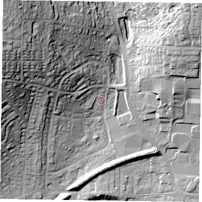 Shaded relief map of the ground around LE130UG, computed from Environment Agency LiDAR. The ground here sits at about 78 m above sea level and falls 40 m across the surrounding 800 m. Surface water reaching this point runs off ground lying to the west-north-west, 9.6 m higher.
