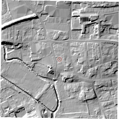 Shaded relief map of the ground around LE130UJ, computed from Environment Agency LiDAR. The ground here sits at about 75 m above sea level and falls 18 m across the surrounding 800 m. Surface water reaching this point runs off ground lying to the south-east, 2.3 m higher.