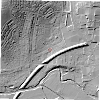 Shaded relief map of the ground around LE130UQ, computed from Environment Agency LiDAR. The ground here sits at about 73 m above sea level and falls 35 m across the surrounding 800 m. Surface water reaching this point runs off ground lying to the north-north-west, 23.7 m higher.