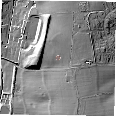 Shaded relief map of the ground around LE130UW, computed from Environment Agency LiDAR. The ground here sits at about 93 m above sea level and falls 34 m across the surrounding 800 m. Surface water reaching this point runs off ground lying to the north-east, 1.5 m higher.