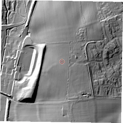 Shaded relief map of the ground around LE130XG, computed from Environment Agency LiDAR. The ground here sits at about 92 m above sea level and falls 32 m across the surrounding 800 m. Surface water reaching this point runs off ground lying to the south-south-east, 6.5 m higher.