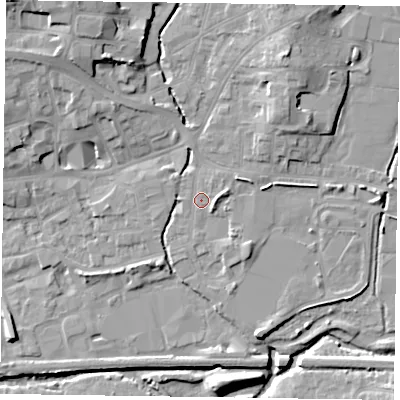 Shaded relief map of the ground around LE131AB, computed from Environment Agency LiDAR. The ground here sits at about 74 m above sea level and falls 13 m across the surrounding 800 m. Surface water reaching this point runs off ground lying to the north-north-west, 8.7 m higher.