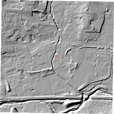 Shaded relief map of the ground around LE131AD, computed from Environment Agency LiDAR. The ground here sits at about 73 m above sea level and falls 12 m across the surrounding 800 m. Surface water reaching this point runs off ground lying to the north-north-west, 8.7 m higher.