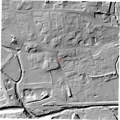 Shaded relief map of the ground around LE131AE, computed from Environment Agency LiDAR. The ground here sits at about 73 m above sea level and falls 16 m across the surrounding 800 m. Surface water reaching this point runs off ground lying to the north-west, 3.3 m higher.