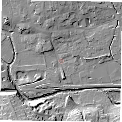 Shaded relief map of the ground around LE131AF, computed from Environment Agency LiDAR. The ground here sits at about 71 m above sea level and falls 21 m across the surrounding 800 m. Surface water reaching this point runs off ground lying to the south, 4.4 m higher.