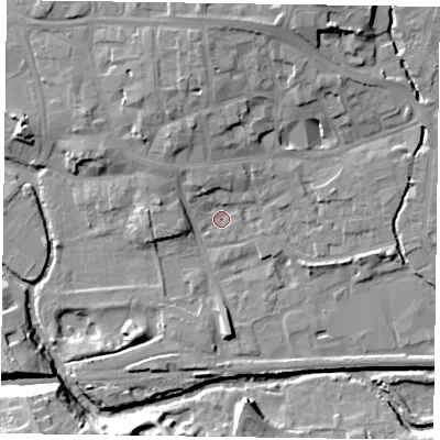 Shaded relief map of the ground around LE131AJ, computed from Environment Agency LiDAR. The ground here sits at about 72 m above sea level and falls 17 m across the surrounding 800 m. Surface water reaching this point runs off ground lying to the north, 7.6 m higher.
