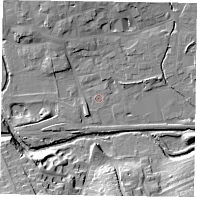 Shaded relief map of the ground around LE131AQ, computed from Environment Agency LiDAR. The ground here sits at about 72 m above sea level and falls 22 m across the surrounding 800 m. Surface water reaching this point runs off ground lying to the north-east, 1.3 m higher.