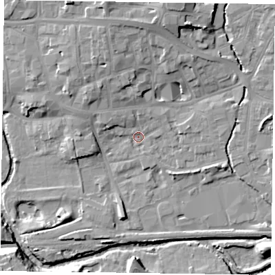 Shaded relief map of the ground around LE131AR, computed from Environment Agency LiDAR. The ground here sits at about 72 m above sea level and falls 16 m across the surrounding 800 m. Surface water reaching this point runs off ground lying to the north, 7.6 m higher.