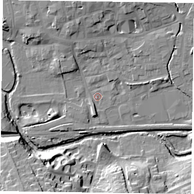 Shaded relief map of the ground around LE131AW, computed from Environment Agency LiDAR. The ground here sits at about 72 m above sea level and falls 22 m across the surrounding 800 m. Surface water reaching this point runs off ground lying to the south, 4.3 m higher.