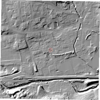 Shaded relief map of the ground around LE131AY, computed from Environment Agency LiDAR. The ground here sits at about 72 m above sea level and falls 18 m across the surrounding 800 m. Surface water reaching this point runs off ground lying to the north, 7.4 m higher.