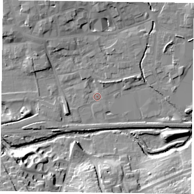 Shaded relief map of the ground around LE131AZ, computed from Environment Agency LiDAR. The ground here sits at about 72 m above sea level and falls 22 m across the surrounding 800 m. Surface water reaching this point runs off ground lying to the north-north-east, 3.0 m higher.