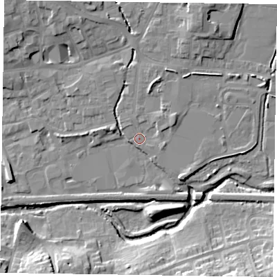 Shaded relief map of the ground around LE131BB, computed from Environment Agency LiDAR. The ground here sits at about 73 m above sea level and falls 16 m across the surrounding 800 m. Surface water reaching this point runs off ground lying to the north-north-east, 2.8 m higher.
