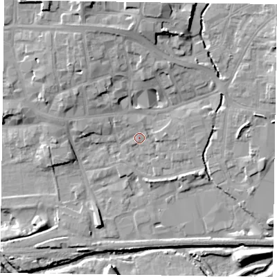 Shaded relief map of the ground around LE131BD, computed from Environment Agency LiDAR. The ground here sits at about 73 m above sea level and falls 12 m across the surrounding 800 m. Surface water reaching this point runs off ground lying to the north-north-west, 7.6 m higher.