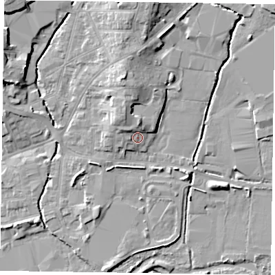 Shaded relief map of the ground around LE131BF, computed from Environment Agency LiDAR. The ground here sits at about 75 m above sea level and falls 11 m across the surrounding 800 m. Surface water reaching this point runs off ground lying to the north-north-west, 3.7 m higher.