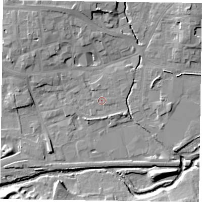 Shaded relief map of the ground around LE131BH, computed from Environment Agency LiDAR. The ground here sits at about 73 m above sea level and falls 14 m across the surrounding 800 m. Surface water reaching this point runs off ground lying to the north-north-east, 1.3 m higher.