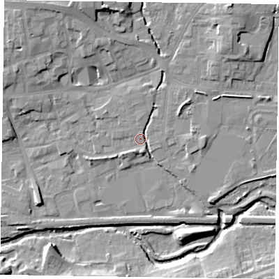 Shaded relief map of the ground around LE131BJ, computed from Environment Agency LiDAR. The ground here sits at about 73 m above sea level and falls 12 m across the surrounding 800 m. Surface water reaching this point runs off ground lying to the north-east, 7.5 m higher.