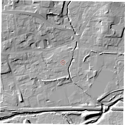 Shaded relief map of the ground around LE131BL, computed from Environment Agency LiDAR. The ground here sits at about 73 m above sea level and falls 12 m across the surrounding 800 m. Surface water reaching this point runs off ground lying to the north-north-east, 0.8 m higher.