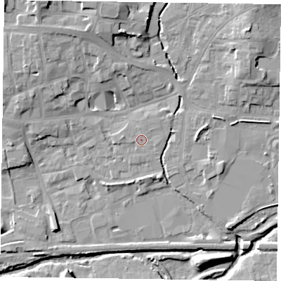 Shaded relief map of the ground around LE131BN, computed from Environment Agency LiDAR. The ground here sits at about 73 m above sea level and falls 12 m across the surrounding 800 m. Surface water reaching this point runs off ground lying to the north-east, 0.8 m higher.