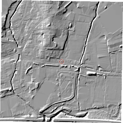 Shaded relief map of the ground around LE131BP, computed from Environment Agency LiDAR. The ground here sits at about 74 m above sea level and falls 11 m across the surrounding 800 m. Surface water reaching this point runs off ground lying to the north-west, 4.8 m higher.