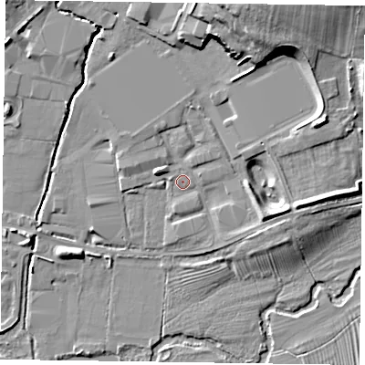 Shaded relief map of the ground around LE131BS, computed from Environment Agency LiDAR. The ground here sits at about 75 m above sea level and falls 18 m across the surrounding 800 m. Surface water reaching this point runs off ground lying to the north, 1.8 m higher.