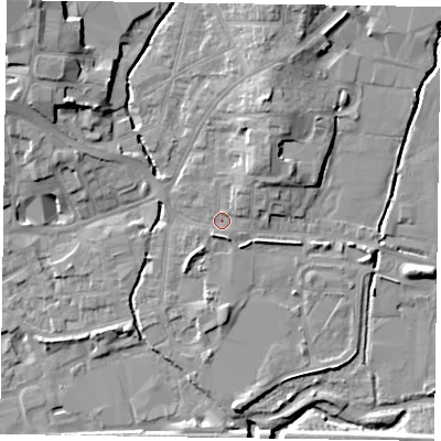 Shaded relief map of the ground around LE131BW, computed from Environment Agency LiDAR. The ground here sits at about 74 m above sea level and falls 14 m across the surrounding 800 m. Surface water reaching this point runs off ground lying to the north-north-east, 4.1 m higher.