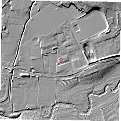 Shaded relief map of the ground around LE131BY, computed from Environment Agency LiDAR. The ground here sits at about 75 m above sea level and falls 17 m across the surrounding 800 m. Surface water reaching this point runs off ground lying to the north-east, 14.3 m higher.