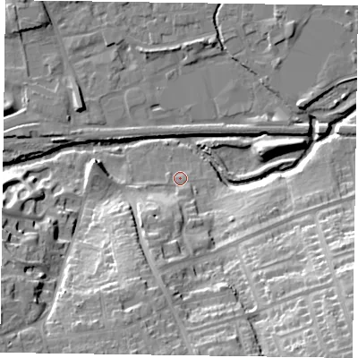 Shaded relief map of the ground around LE131DH, computed from Environment Agency LiDAR. The ground here sits at about 72 m above sea level and falls 32 m across the surrounding 800 m. Surface water reaching this point runs off ground lying to the south-south-east, 2.1 m higher.