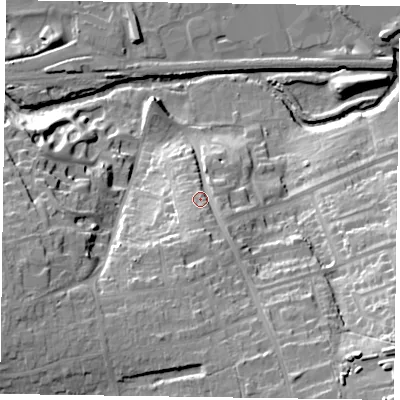 Shaded relief map of the ground around LE131DJ, computed from Environment Agency LiDAR. The ground here sits at about 84 m above sea level and falls 36 m across the surrounding 800 m. Surface water reaching this point runs off ground lying to the south, 14.1 m higher.