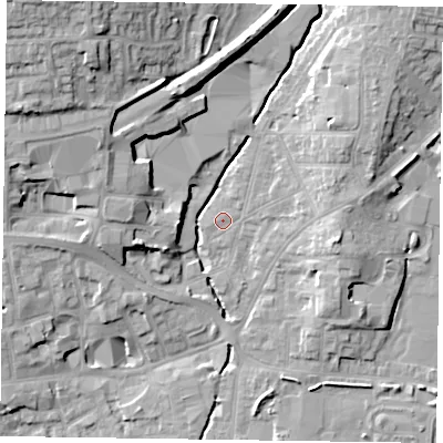 Shaded relief map of the ground around LE131DW, computed from Environment Agency LiDAR. The ground here sits at about 75 m above sea level and falls 19 m across the surrounding 800 m. Surface water reaching this point runs off ground lying to the north-west, 14.5 m higher.