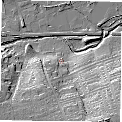 Shaded relief map of the ground around LE131EA, computed from Environment Agency LiDAR. The ground here sits at about 75 m above sea level and falls 34 m across the surrounding 800 m. Surface water reaching this point runs off ground lying to the south-south-west, 11.9 m higher.