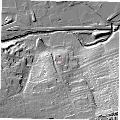 Shaded relief map of the ground around LE131FB, computed from Environment Agency LiDAR. The ground here sits at about 80 m above sea level and falls 34 m across the surrounding 800 m. Surface water reaching this point runs off ground lying to the south-south-west, 2.9 m higher.