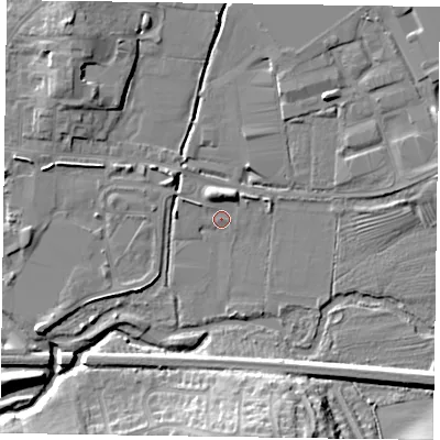 Shaded relief map of the ground around LE131FF, computed from Environment Agency LiDAR. The ground here sits at about 73 m above sea level and falls 17 m across the surrounding 800 m. Surface water reaching this point runs off ground lying to the north-north-east, 3.8 m higher.