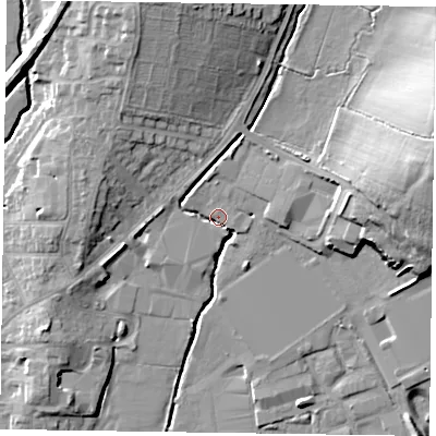 Shaded relief map of the ground around LE131FU, computed from Environment Agency LiDAR. The ground here sits at about 77 m above sea level and falls 18 m across the surrounding 800 m. Surface water reaching this point runs off ground lying to the east-north-east, 15.7 m higher.