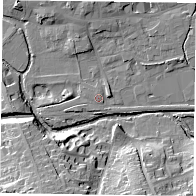 Shaded relief map of the ground around LE131GH, computed from Environment Agency LiDAR. The ground here sits at about 73 m above sea level and falls 26 m across the surrounding 800 m. Surface water reaching this point runs off ground lying to the east, 4.1 m higher.