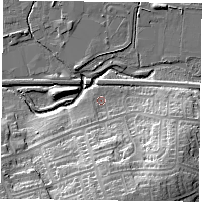 Shaded relief map of the ground around LE131HJ, computed from Environment Agency LiDAR. The ground here sits at about 74 m above sea level and falls 31 m across the surrounding 800 m. Surface water reaching this point runs off ground lying to the south, 26.1 m higher.