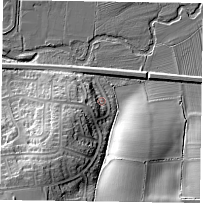 Shaded relief map of the ground around LE131HN, computed from Environment Agency LiDAR. The ground here sits at about 78 m above sea level and falls 33 m across the surrounding 800 m. Surface water reaching this point runs off ground lying to the south-west, 18.1 m higher.