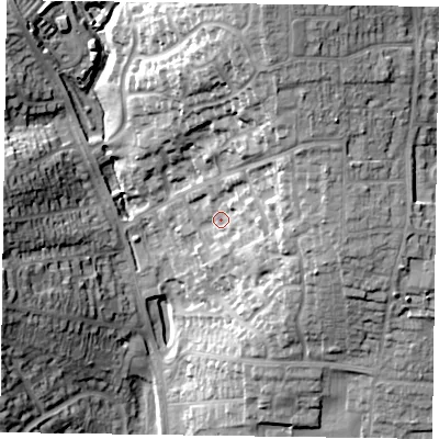 Shaded relief map of the ground around LE131JF, computed from Environment Agency LiDAR. The ground here sits at about 91 m above sea level and falls 33 m across the surrounding 800 m. Surface water reaching this point runs off ground lying to the east-north-east, 15.7 m higher.