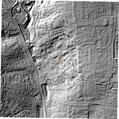 Shaded relief map of the ground around LE131JG, computed from Environment Agency LiDAR. The ground here sits at about 92 m above sea level and falls 33 m across the surrounding 800 m. Surface water reaching this point runs off ground lying to the east-north-east, 15.1 m higher.