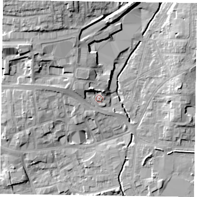 Shaded relief map of the ground around LE131PT, computed from Environment Agency LiDAR. The ground here sits at about 76 m above sea level and falls 18 m across the surrounding 800 m. Surface water reaching this point runs off ground lying to the north-north-west, 4.6 m higher.