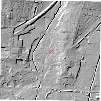 Shaded relief map of the ground around LE131PX, computed from Environment Agency LiDAR. The ground here sits at about 75 m above sea level and falls 19 m across the surrounding 800 m. Surface water reaching this point runs off ground lying to the east, 2.5 m higher.