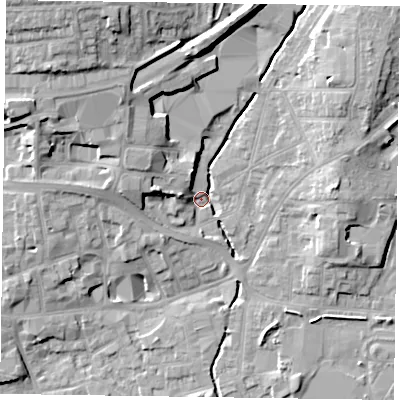 Shaded relief map of the ground around LE131PZ, computed from Environment Agency LiDAR. The ground here sits at about 74 m above sea level and falls 18 m across the surrounding 800 m. Surface water reaching this point runs off ground lying to the north-west, 11.0 m higher.