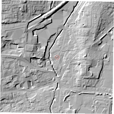 Shaded relief map of the ground around LE131QF, computed from Environment Agency LiDAR. The ground here sits at about 75 m above sea level and falls 18 m across the surrounding 800 m. Surface water reaching this point runs off ground lying to the north-west, 11.0 m higher.