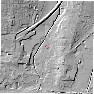 Shaded relief map of the ground around LE131QG, computed from Environment Agency LiDAR. The ground here sits at about 75 m above sea level and falls 21 m across the surrounding 800 m. Surface water reaching this point runs off ground lying to the west-north-west, 14.5 m higher.