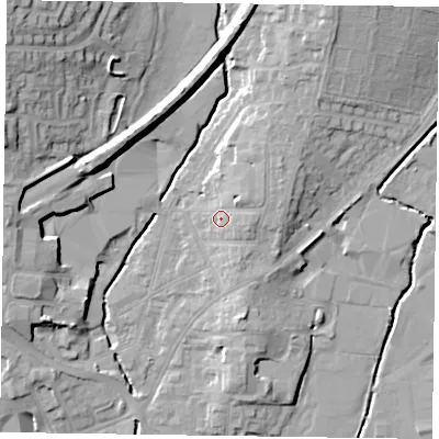 Shaded relief map of the ground around LE131QL, computed from Environment Agency LiDAR. The ground here sits at about 78 m above sea level and falls 20 m across the surrounding 800 m. Surface water reaching this point runs off ground lying to the north-east, 3.8 m higher.
