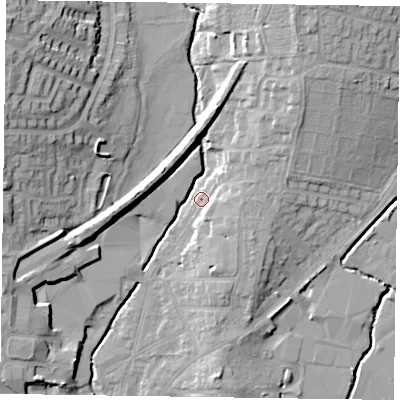 Shaded relief map of the ground around LE131QQ, computed from Environment Agency LiDAR. The ground here sits at about 77 m above sea level and falls 21 m across the surrounding 800 m. Surface water reaching this point runs off ground lying to the north-north-east, 14.5 m higher.